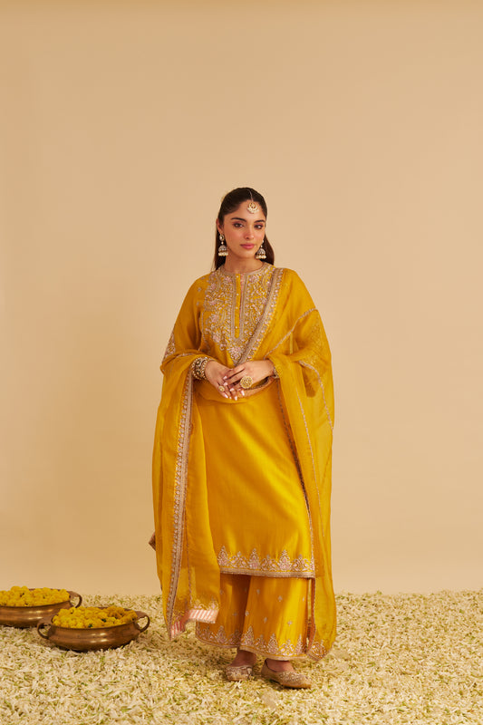 ANAIZA - DABKA ZARDOZI EMBROIDERED MUSTARD LONG KURTA & PALAZZO WITH DUPATTA