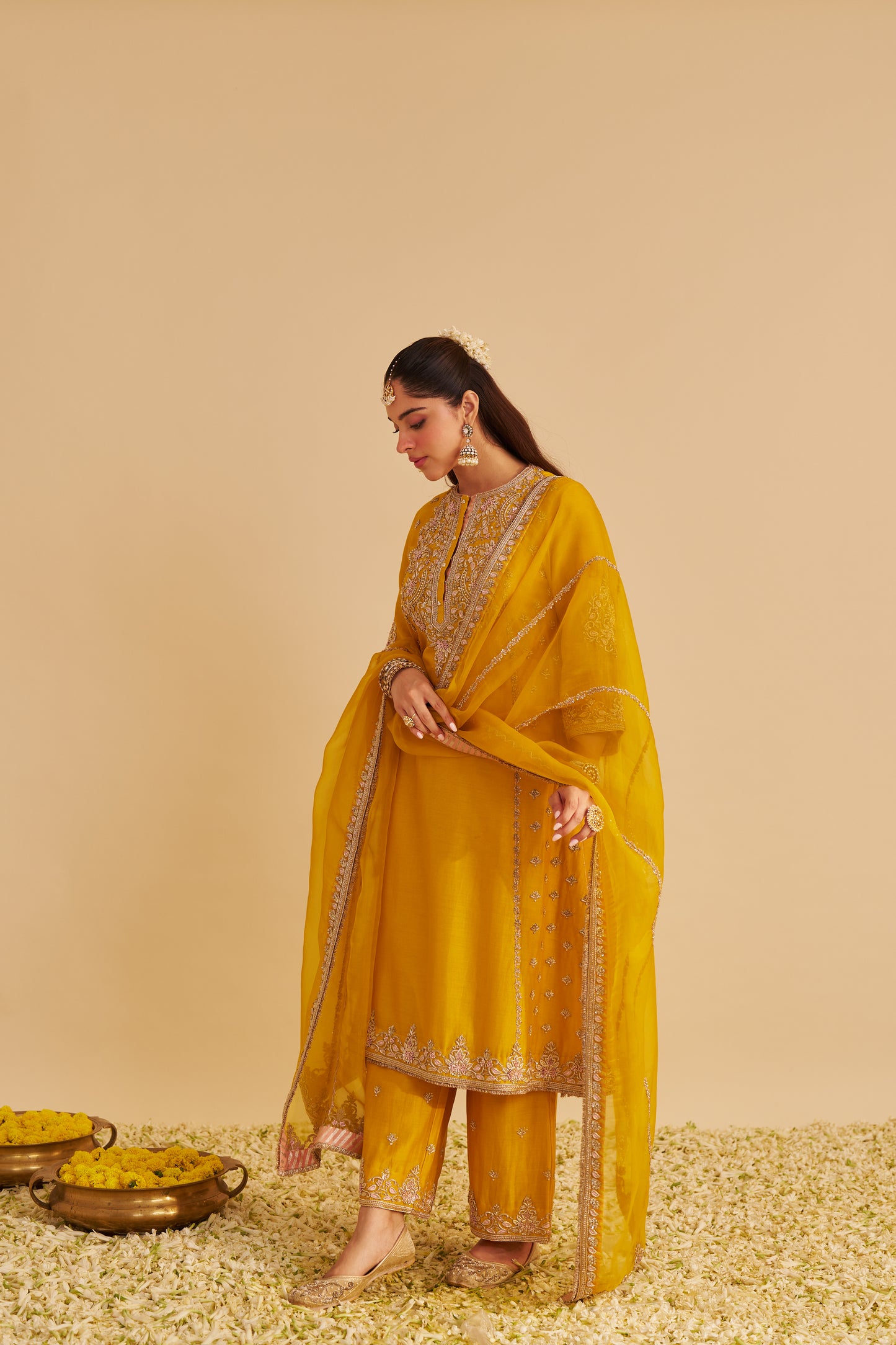 ANAIZA - DABKA ZARDOZI EMBROIDERED MUSTARD LONG KURTA & PALAZZO WITH DUPATTA
