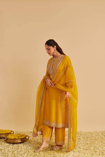 ANAIZA - DABKA ZARDOZI EMBROIDERED MUSTARD LONG KURTA & PALAZZO WITH DUPATTA