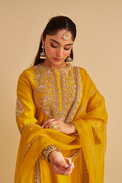 ANAIZA - DABKA ZARDOZI EMBROIDERED MUSTARD LONG KURTA & PALAZZO WITH DUPATTA