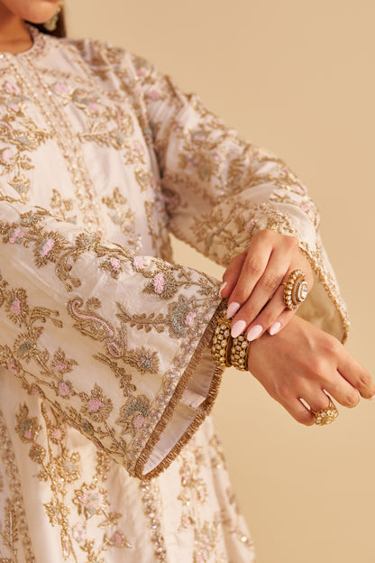 ALIRA - DABKA ZARDOZI EMBROIDERED DAISY IVORY KURTA & SALWAR WITH DUPATTA