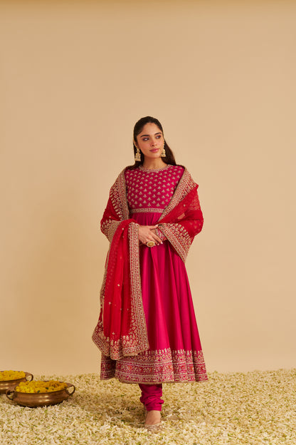 NOOR - DABKA ZARDOZI EMBROIDERED CHANDERI SILK HOTPINK ANARKALI SET