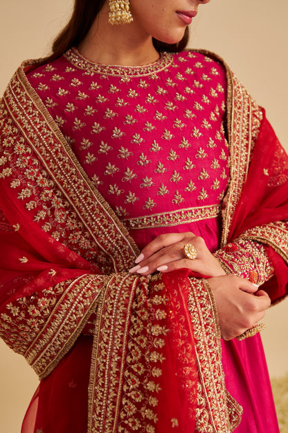 NOOR - DABKA ZARDOZI EMBROIDERED CHANDERI SILK HOTPINK ANARKALI SET