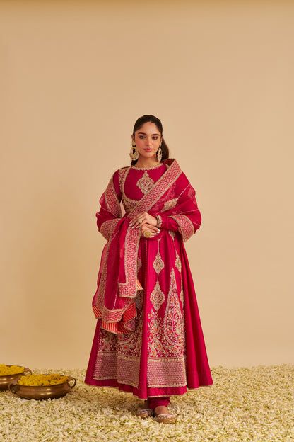 ZAINAH - DABKA ZARDOZI EMBROIDERED SILK HOTPINK ANARKALI SET