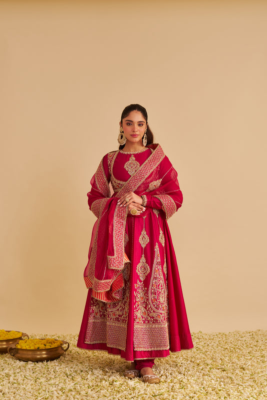 ZAINAH - DABKA ZARDOZI EMBROIDERED SILK HOTPINK ANARKALI SET