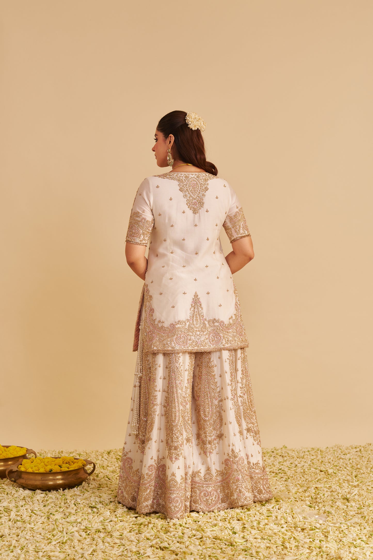 ALINA - DABKA ZARDOZI EMBROIDERED SILK DAISY IVORY SHARARA SET