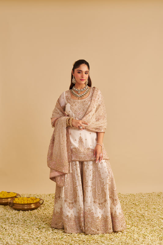 ALINA - DABKA ZARDOZI EMBROIDERED SILK DAISY IVORY SHARARA SET