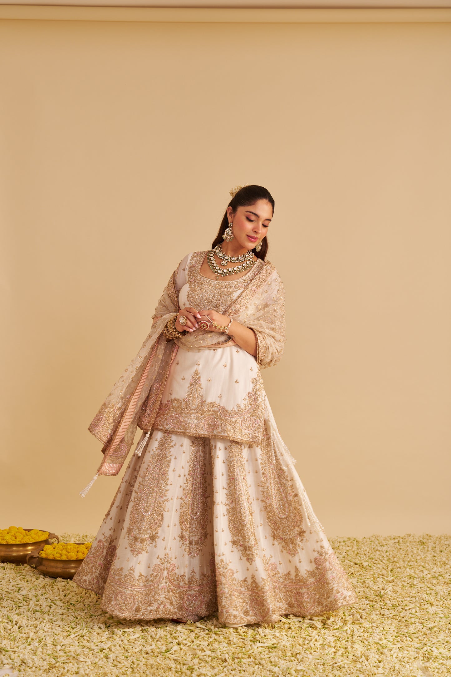ALINA - DABKA ZARDOZI EMBROIDERED SILK DAISY IVORY SHARARA SET