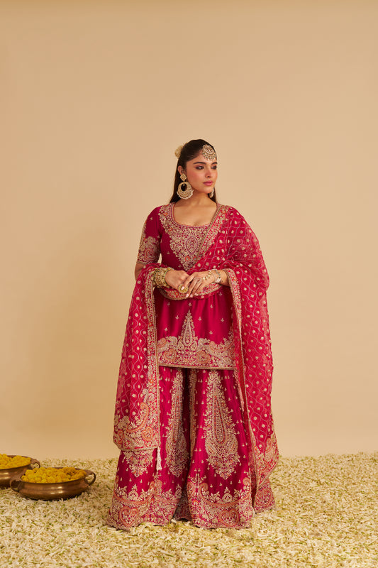ALINA - DABKA ZARDOZI EMBROIDERED SILK HOTPINK SHARARA SET