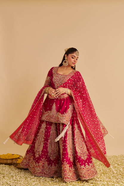 ALINA - DABKA ZARDOZI EMBROIDERED SILK HOTPINK SHARARA SET