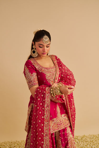 ALINA - DABKA ZARDOZI EMBROIDERED SILK HOTPINK SHARARA SET