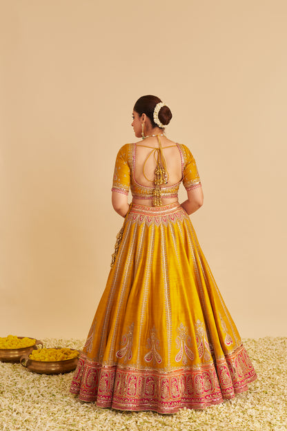 AMARA - HAND EMBROIDERED RAW SILK MUSTARD BRIDAL LEHENGA SET