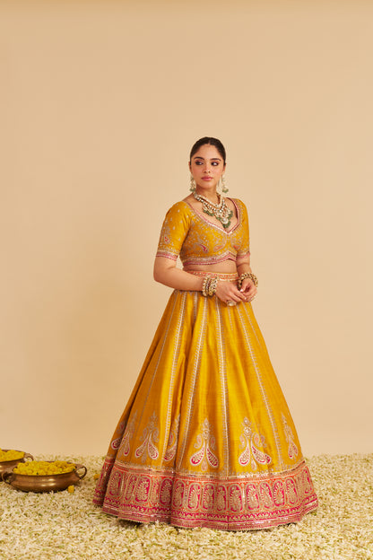 AMARA - HAND EMBROIDERED RAW SILK MUSTARD BRIDAL LEHENGA SET