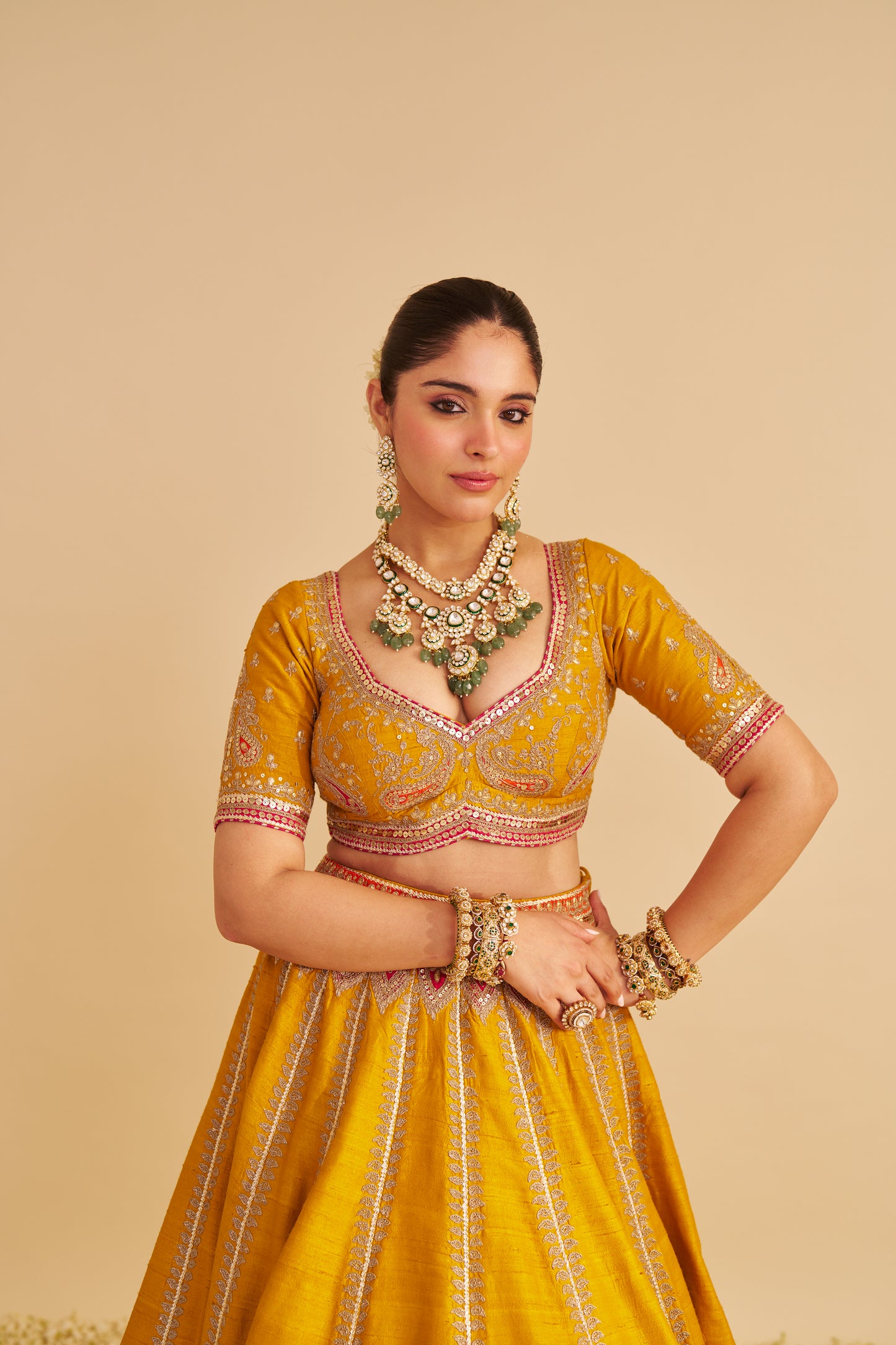 AMARA - HAND EMBROIDERED RAW SILK MUSTARD BRIDAL LEHENGA SET