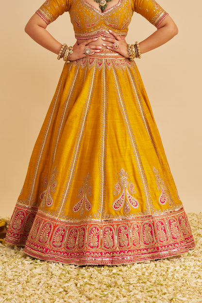 AMARA - HAND EMBROIDERED RAW SILK MUSTARD BRIDAL LEHENGA SET