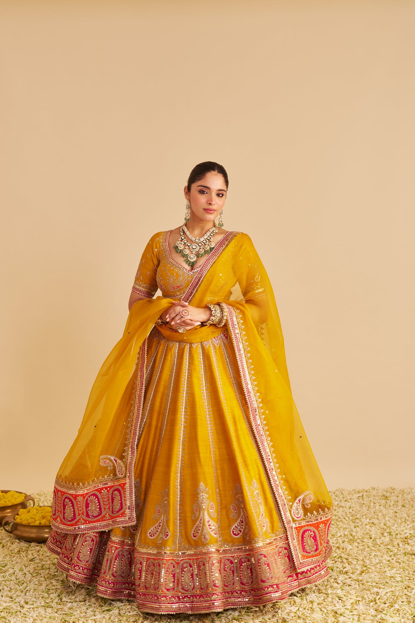 AMARA - HAND EMBROIDERED RAW SILK MUSTARD BRIDAL LEHENGA SET