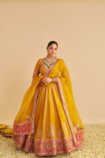AMARA - HAND EMBROIDERED RAW SILK MUSTARD BRIDAL LEHENGA SET
