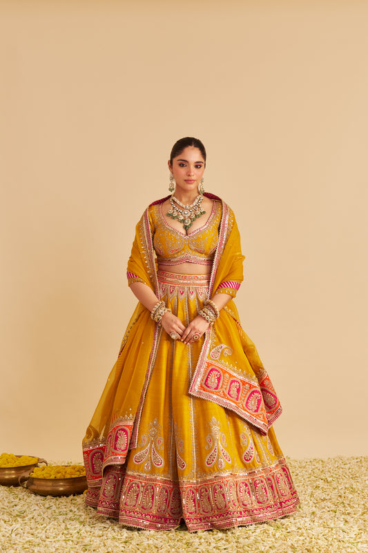 AMARA - HAND EMBROIDERED RAW SILK MUSTARD BRIDAL LEHENGA SET