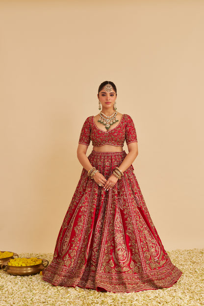 MAHANOOR - DABKA ZARDOZI EMBROIDERED PURE SILK RED BRIDAL LEHENGA SET
