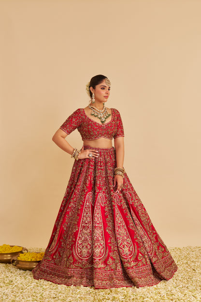 MAHANOOR - DABKA ZARDOZI EMBROIDERED PURE SILK RED BRIDAL LEHENGA SET