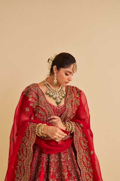 MAHANOOR - DABKA ZARDOZI EMBROIDERED PURE SILK RED BRIDAL LEHENGA SET