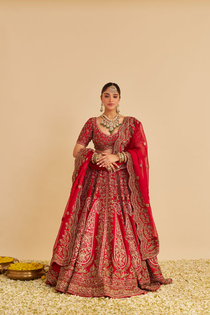 MAHANOOR - DABKA ZARDOZI EMBROIDERED PURE SILK RED BRIDAL LEHENGA SET