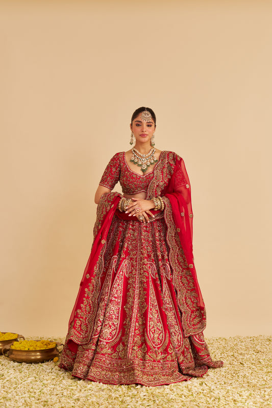 MAHANOOR - DABKA ZARDOZI EMBROIDERED PURE SILK RED BRIDAL LEHENGA SET