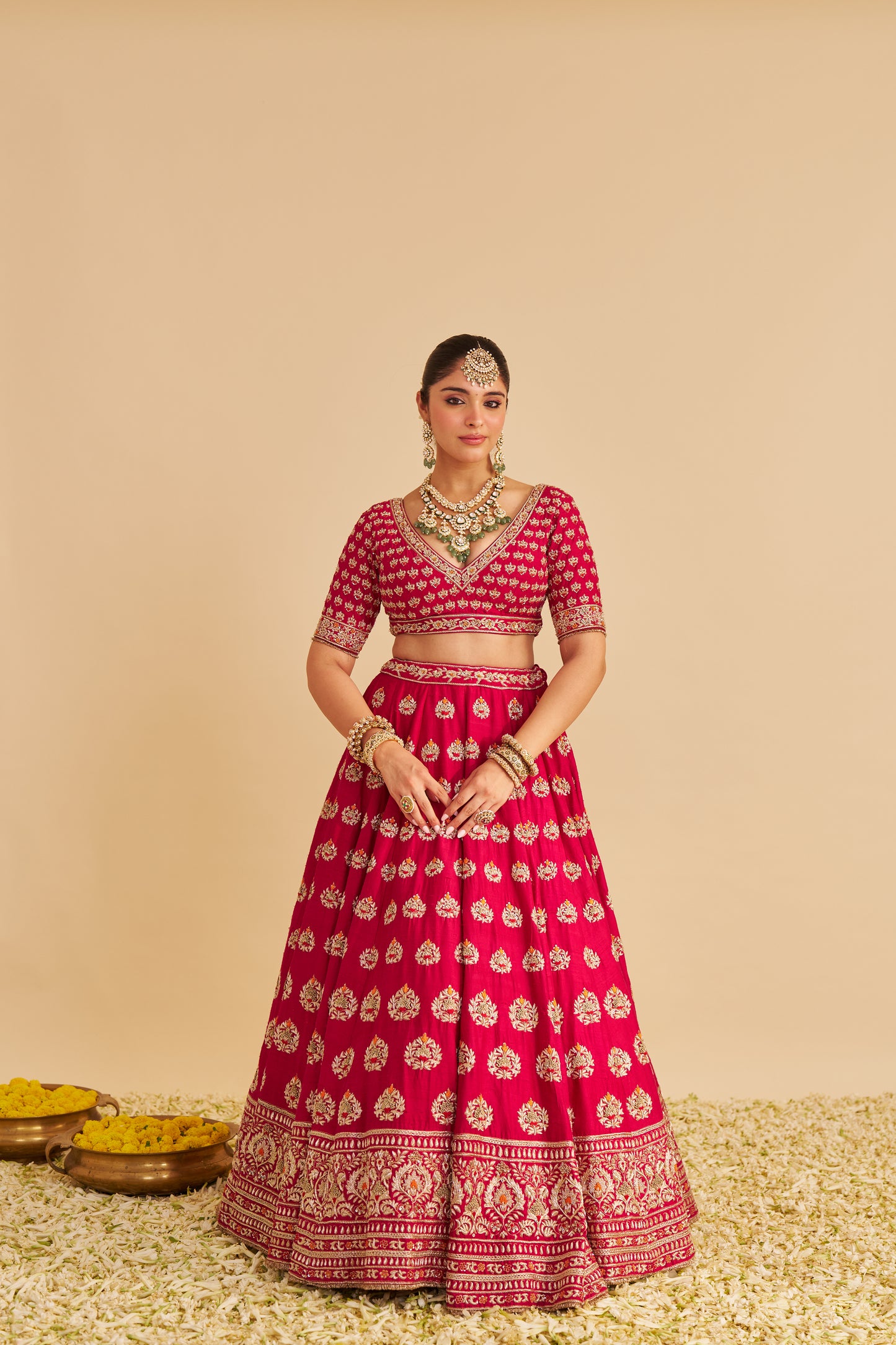 MAIRA - DABKA ZARDOZI EMBROIDERED RAW SILK HOTPINK BRIDAL LEHENGA SET