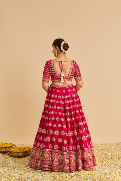 MAIRA - DABKA ZARDOZI EMBROIDERED RAW SILK HOTPINK BRIDAL LEHENGA SET