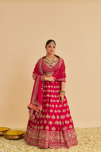 MAIRA - DABKA ZARDOZI EMBROIDERED RAW SILK HOTPINK BRIDAL LEHENGA SET