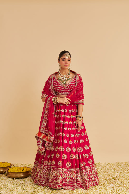 MAIRA - DABKA ZARDOZI EMBROIDERED RAW SILK HOTPINK BRIDAL LEHENGA SET