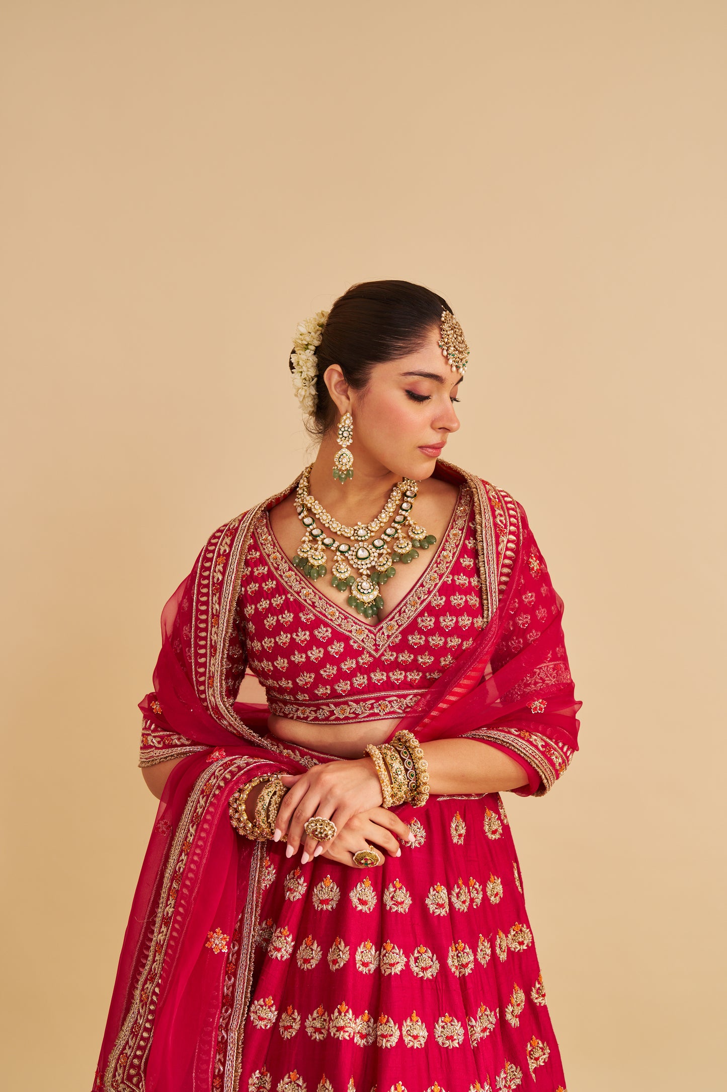 MAIRA - DABKA ZARDOZI EMBROIDERED RAW SILK HOTPINK BRIDAL LEHENGA SET