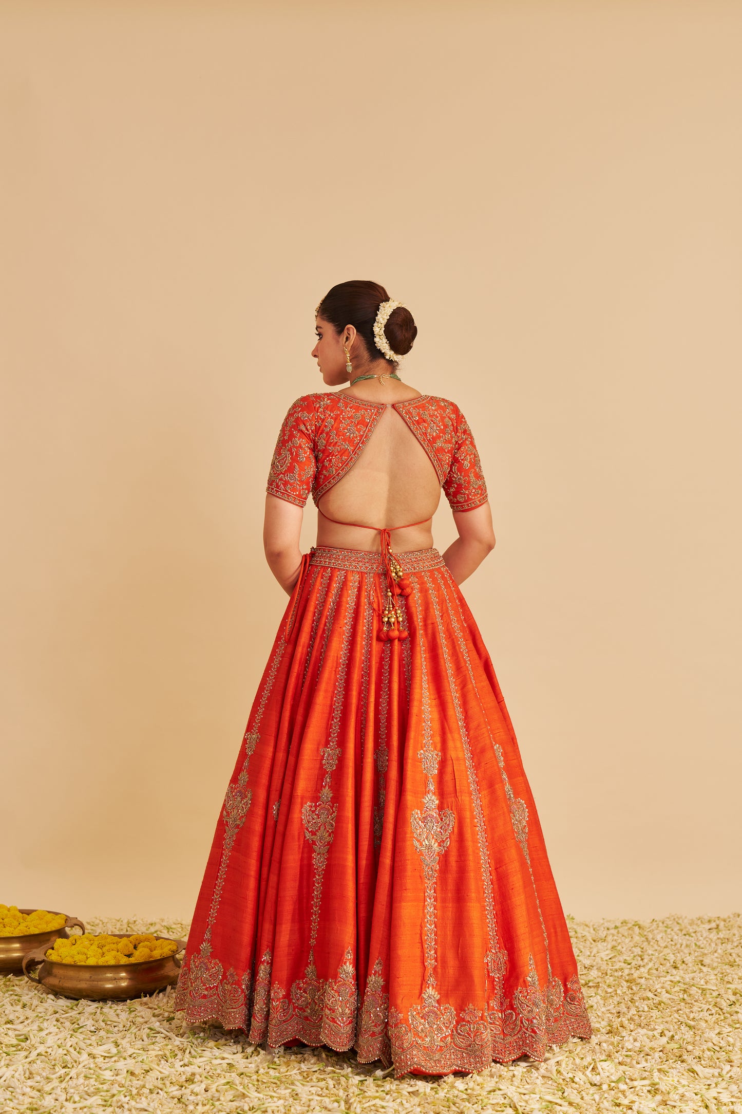 NAAZILA - DABKA ZARDOZI EMBROIDERED RAW SILK BURNT ORANGE LEHENGA SET