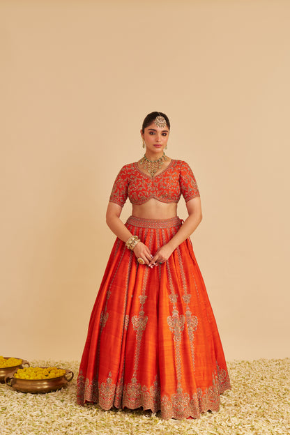 NAAZILA - DABKA ZARDOZI EMBROIDERED RAW SILK BURNT ORANGE LEHENGA SET