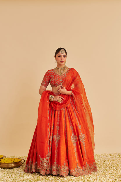 NAAZILA - DABKA ZARDOZI EMBROIDERED RAW SILK BURNT ORANGE LEHENGA SET