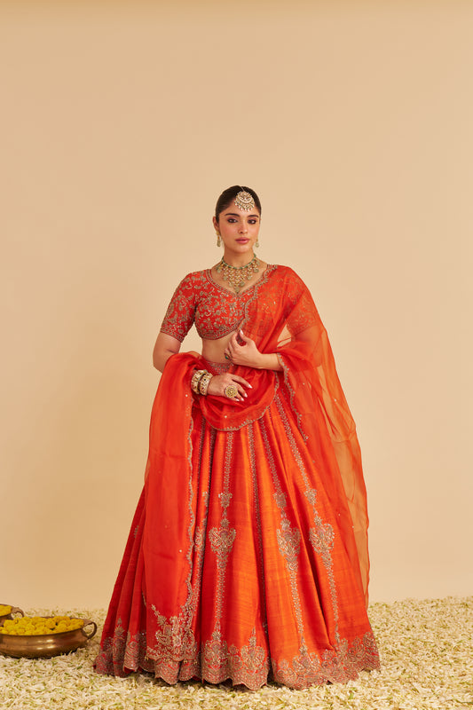 NAAZILA - DABKA ZARDOZI EMBROIDERED RAW SILK BURNT ORANGE LEHENGA SET
