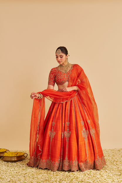 NAAZILA - DABKA ZARDOZI EMBROIDERED RAW SILK BURNT ORANGE LEHENGA SET