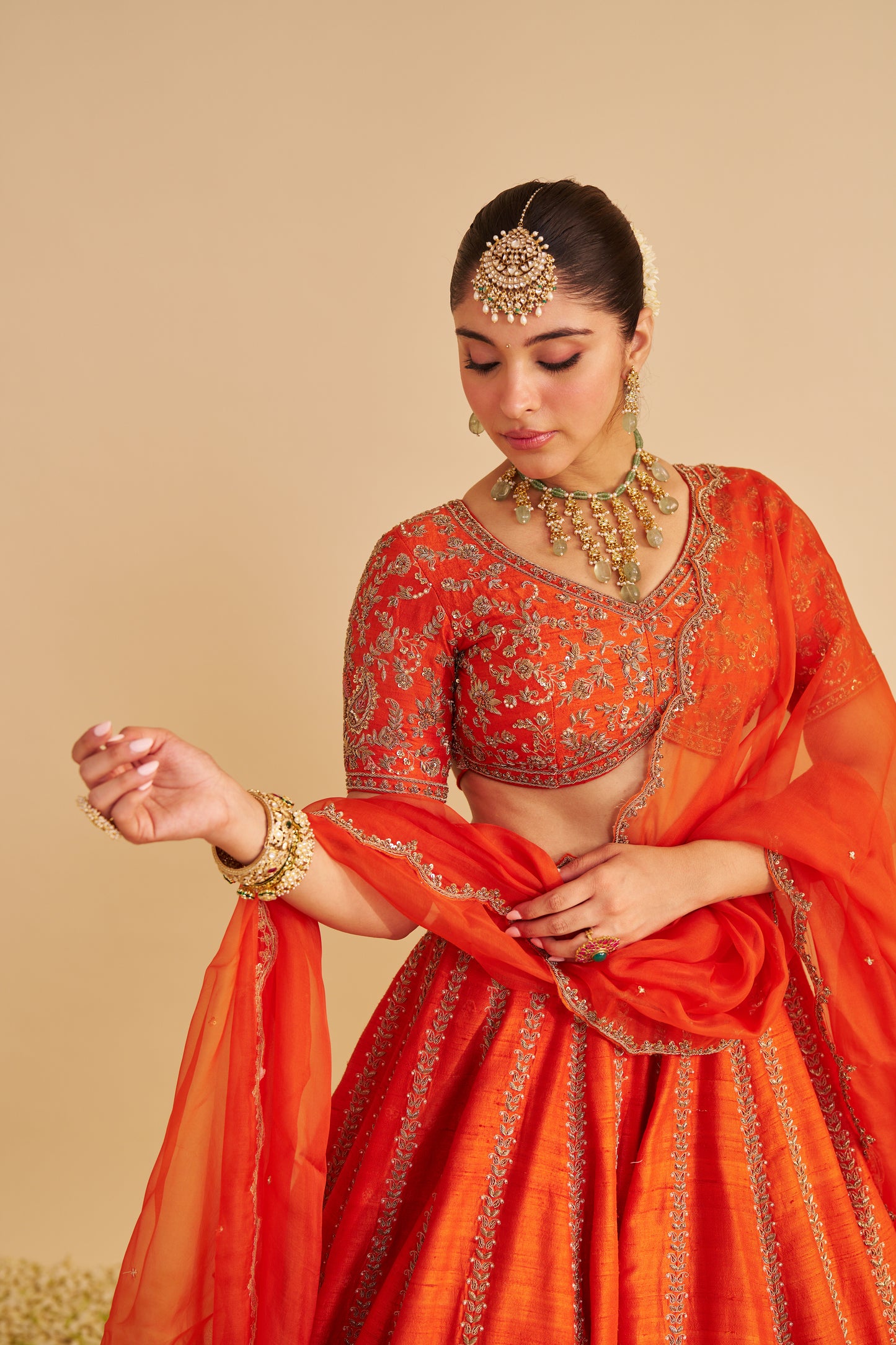 NAAZILA - DABKA ZARDOZI EMBROIDERED RAW SILK BURNT ORANGE LEHENGA SET
