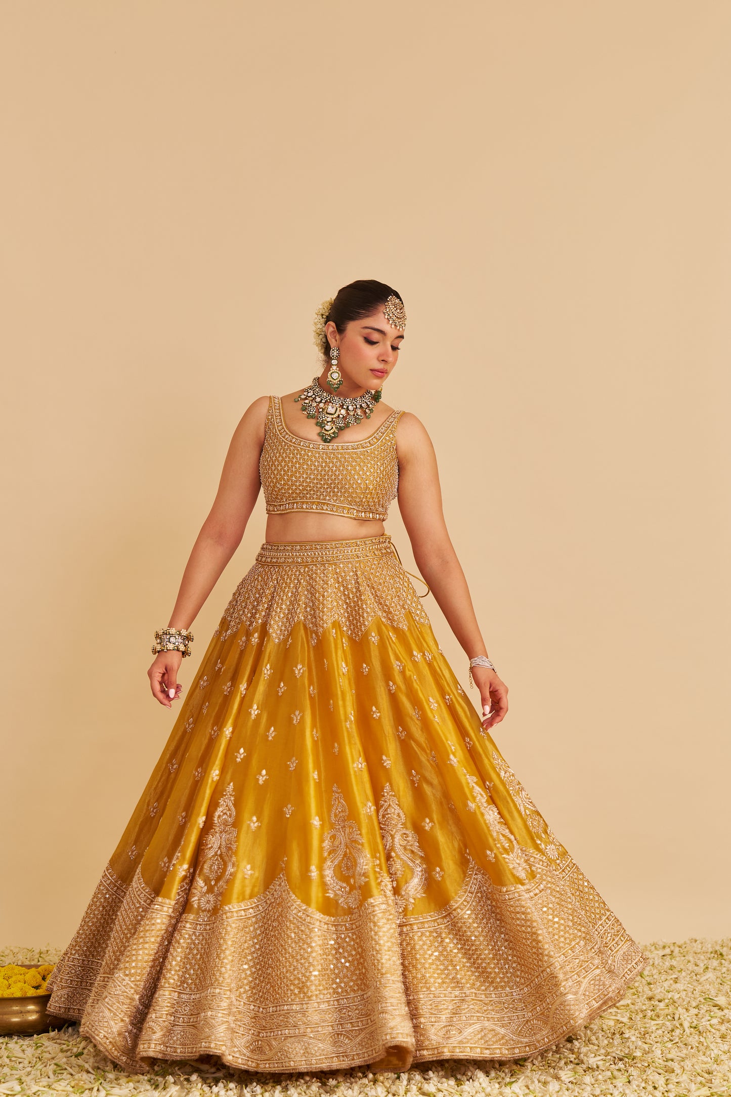 AASHINA - DABKA ZARDOZI EMBROIDERED PURE TISSUE MUSTARD LEHENGA SET