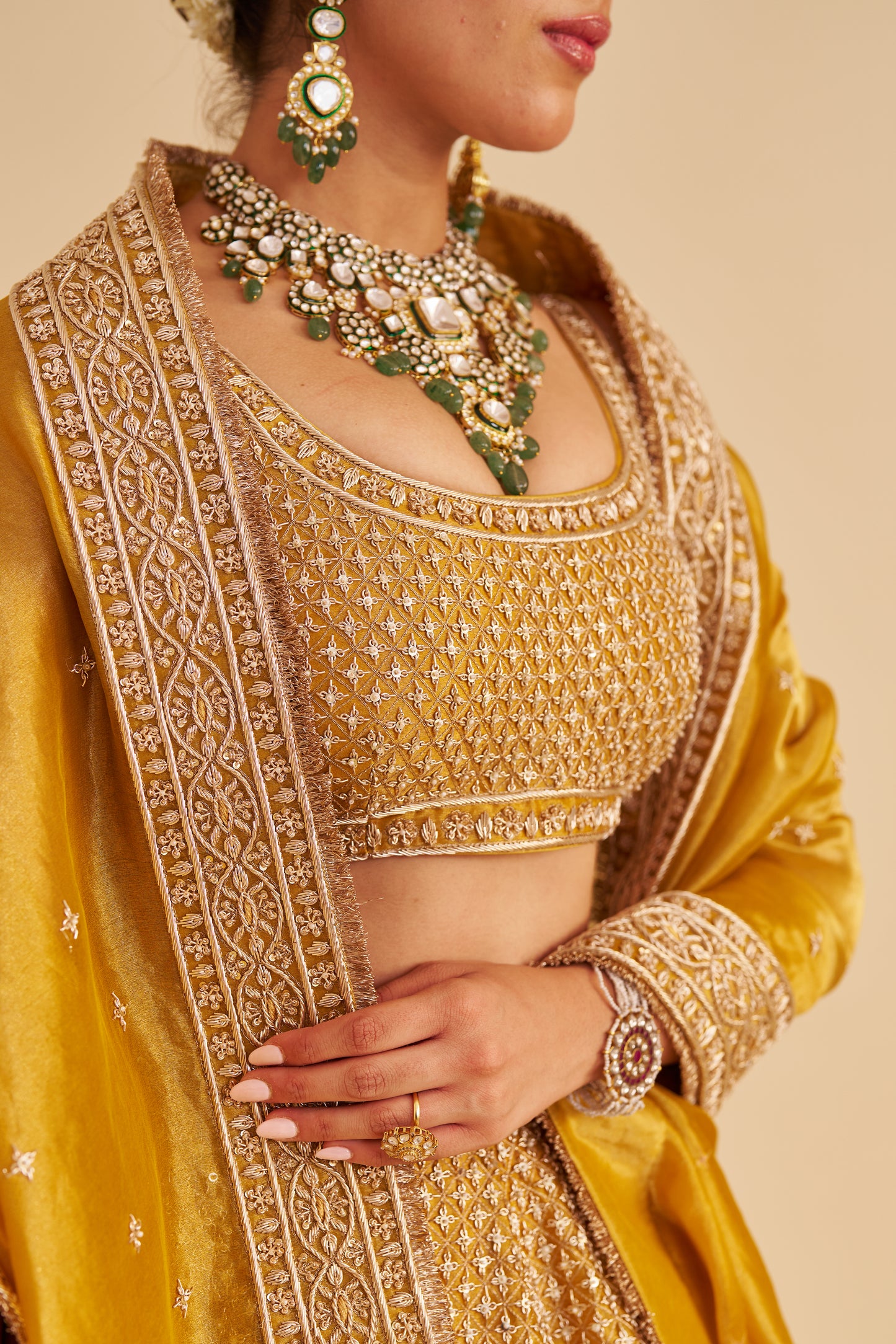 AASHINA - DABKA ZARDOZI EMBROIDERED PURE TISSUE MUSTARD LEHENGA SET