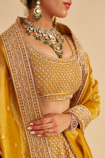 AASHINA - DABKA ZARDOZI EMBROIDERED PURE TISSUE MUSTARD LEHENGA SET