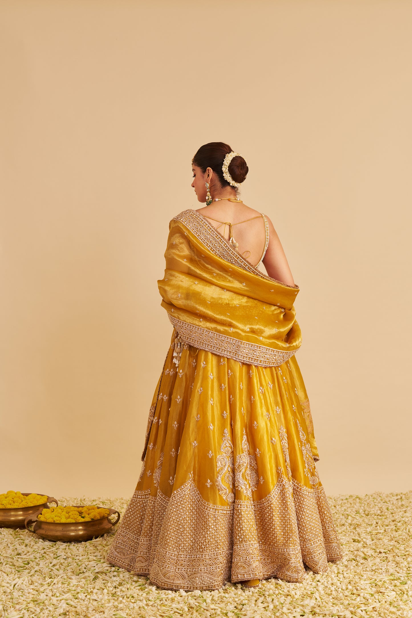 AASHINA - DABKA ZARDOZI EMBROIDERED PURE TISSUE MUSTARD LEHENGA SET
