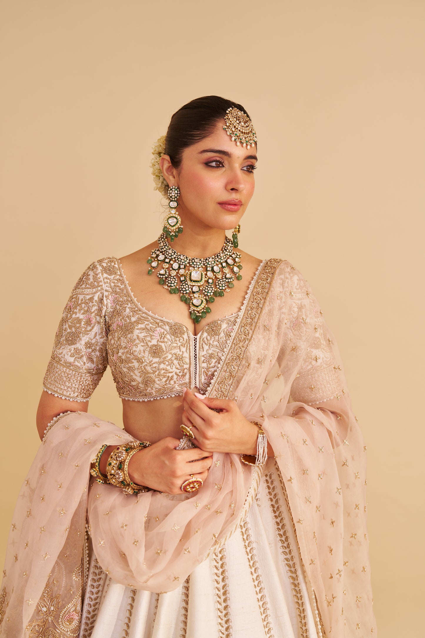 FARAH - DABKA ZARDOZI EMBROIDERED PURE SILK DAISY IVORY LEHENGA SET