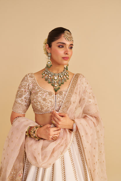 FARAH - DABKA ZARDOZI EMBROIDERED PURE SILK DAISY IVORY LEHENGA SET