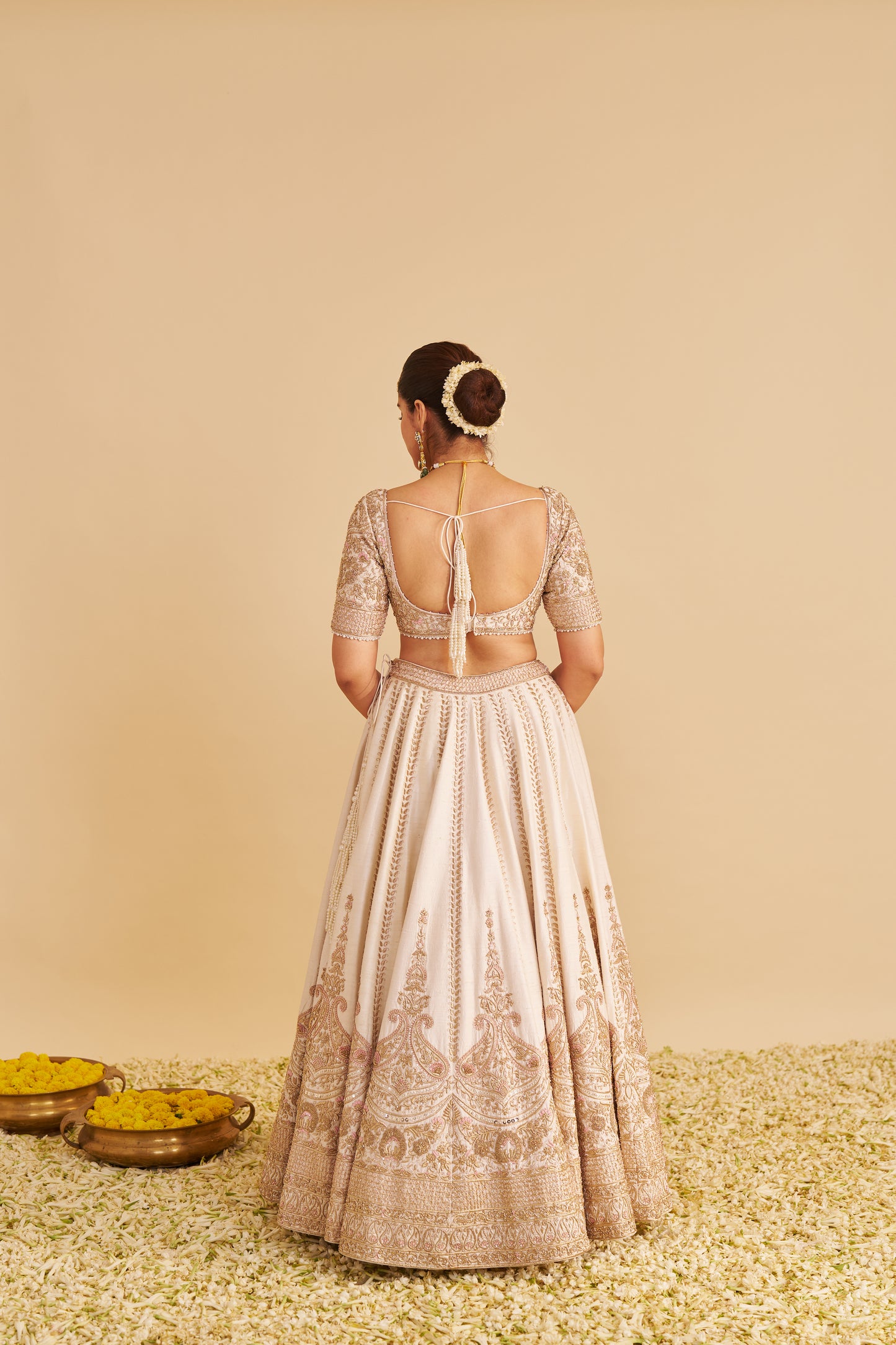 FARAH - DABKA ZARDOZI EMBROIDERED PURE SILK DAISY IVORY LEHENGA SET