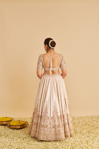 FARAH - DABKA ZARDOZI EMBROIDERED PURE SILK DAISY IVORY LEHENGA SET