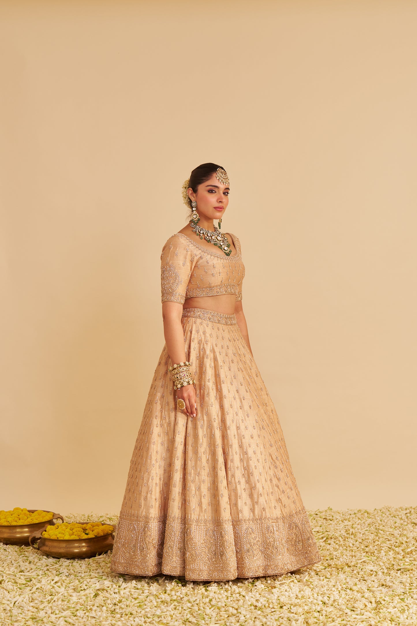 AALIYA - DABKA ZARDOZI EMBROIDERED RAW SILK GOLD LEHENGA SET