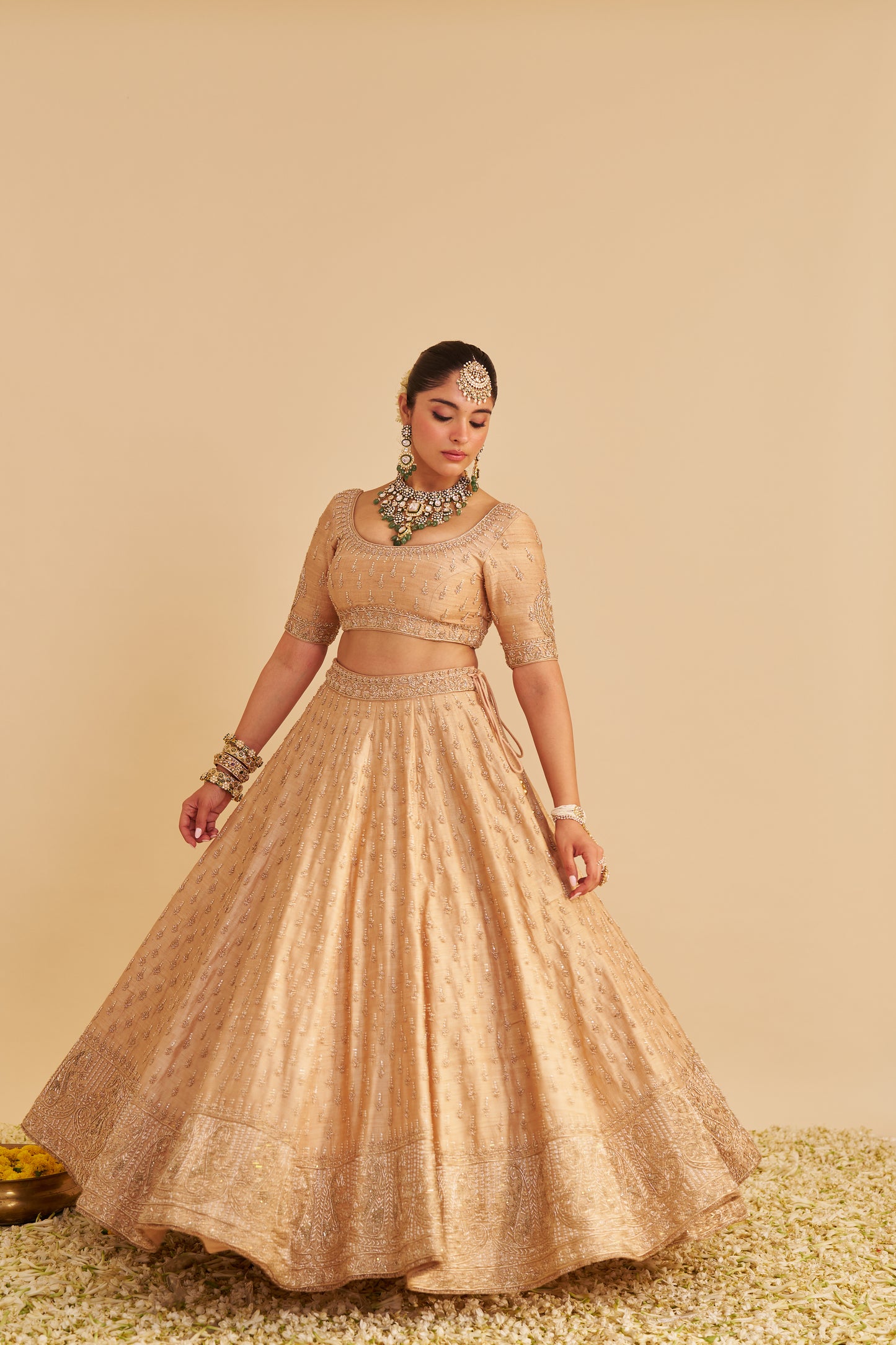 AALIYA - DABKA ZARDOZI EMBROIDERED RAW SILK GOLD LEHENGA SET