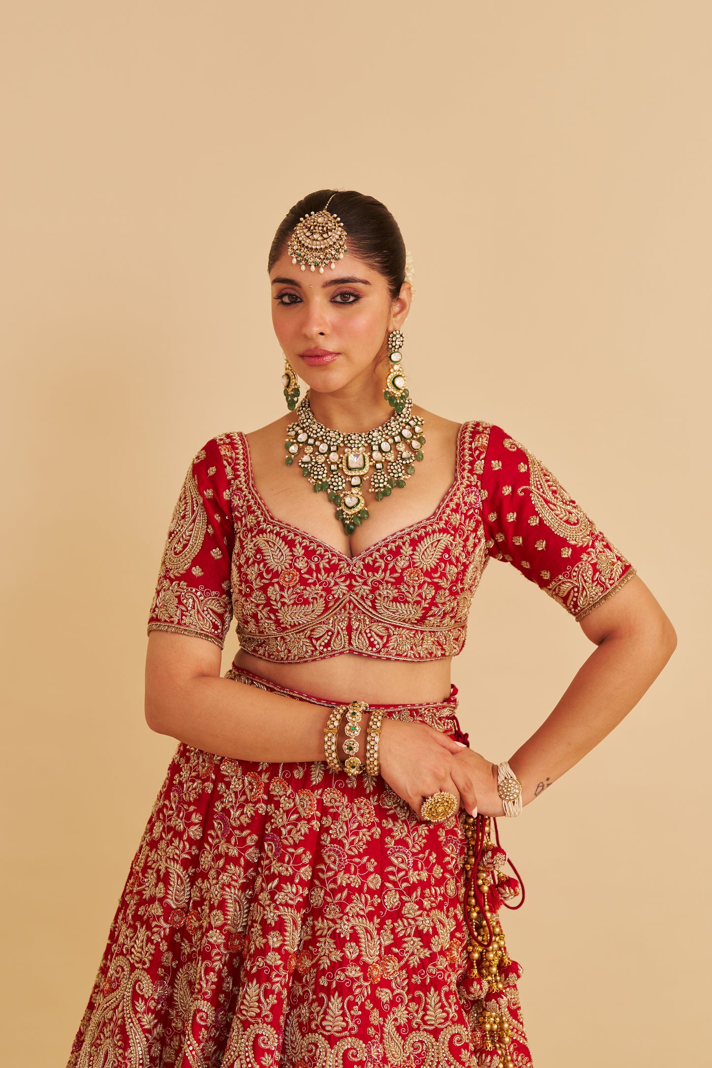 SANAA - DABKA ZARDOZI EMBROIDERED RAW SILK RED BRIDAL LEHENGA SET