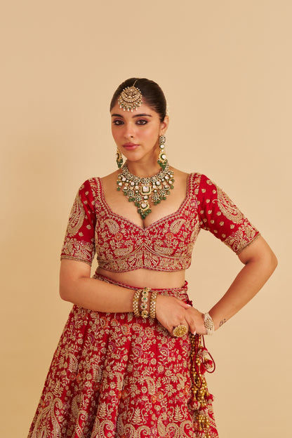 SANAA - DABKA ZARDOZI EMBROIDERED RAW SILK RED BRIDAL LEHENGA SET